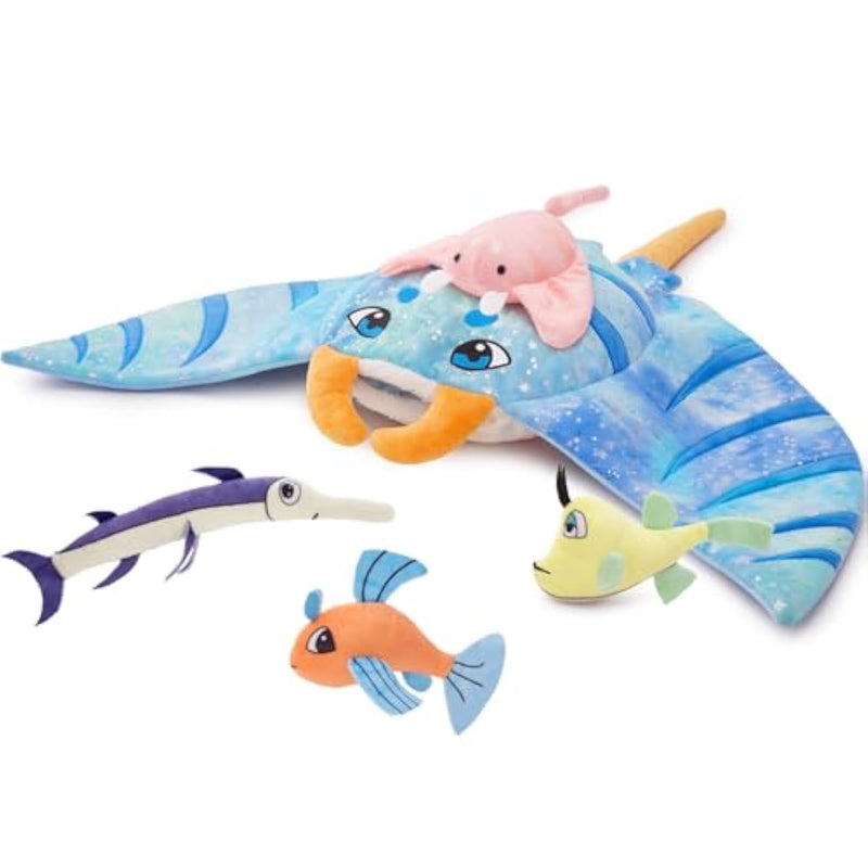 5Pcs Manta Ray Plush, Large Stingray Stuffed Animal With 4 Different Kinds Of Small Fish Plush Toys, Christmas Birthday Gifts For Kids Boys Girls, Ocean Party Favors