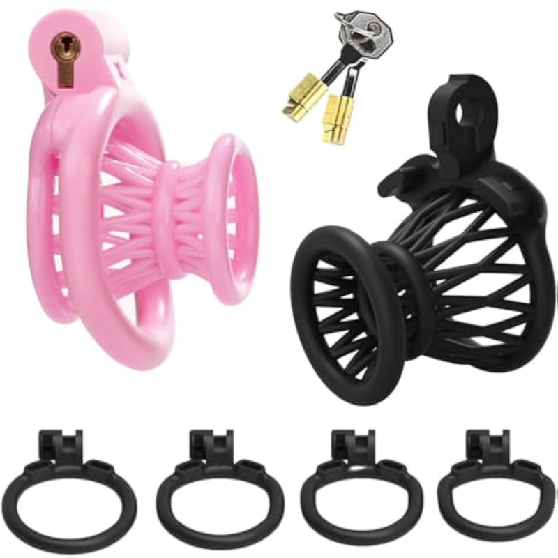 Male Inverted Chastity Cage Sex Toy Set With 4 Cock Rings, 3D Small Negative Chastity Devices Locked Cock Cage Nylon Fish Trap Shape Adult Penis Sm Bondage Device Sex Toys For Men & Gay (Pink)
