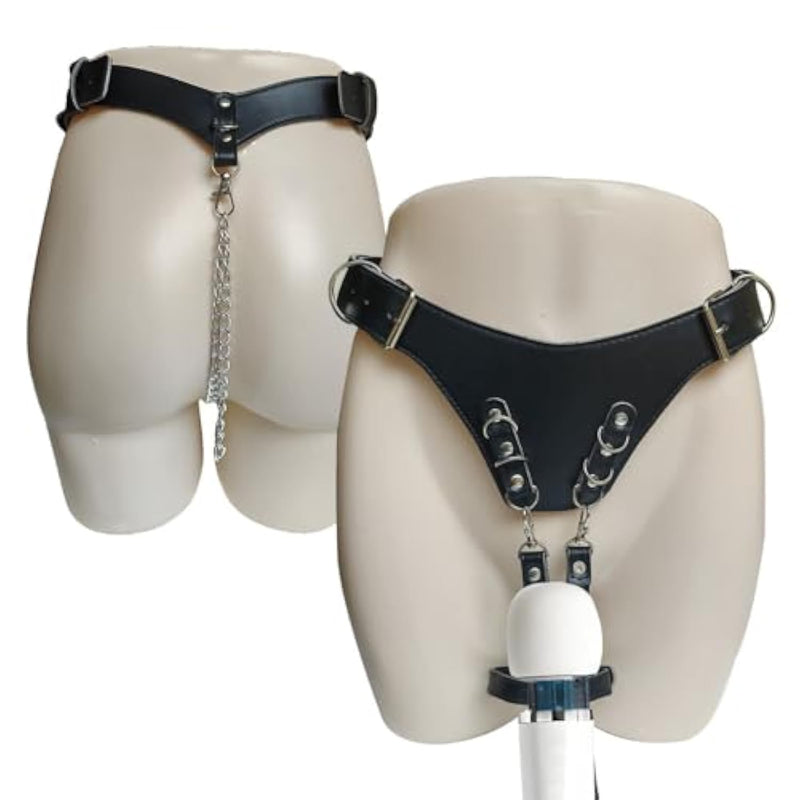 Adjustable Bdsm Vibrator Bondage Harness With Leather Handcuffs - Forced Orgasm Belt For Women, Premium Leather Strap-On, Hands-Free Sex Toy For Couples (Wand Or Vibrator Not Included)