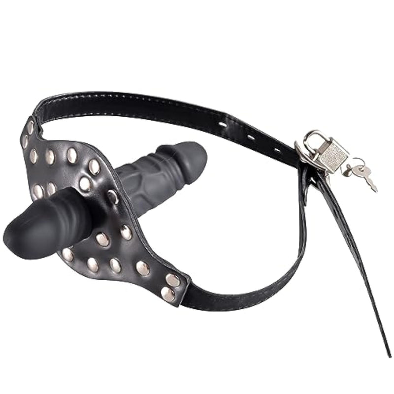Double-Cock Dildo Penis Mouth Gag Plug, Padlock Ball Gag,Adjustable Bondage Leather Strap,Bdsm Sex Toys For Man Women Couple,7.48 Inch