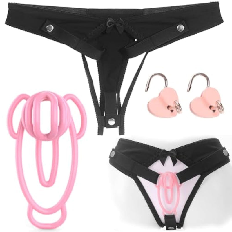 Male Sissy Chastity Cage Panties & Sexy Underwear Bdsm Sex Toys Set With Cock Fufu Clip & Cute Lock & Anti-Falling Belt Sm Feminizer Training Bondage Game Sex Toy For Gay Men Couple (M-Black)