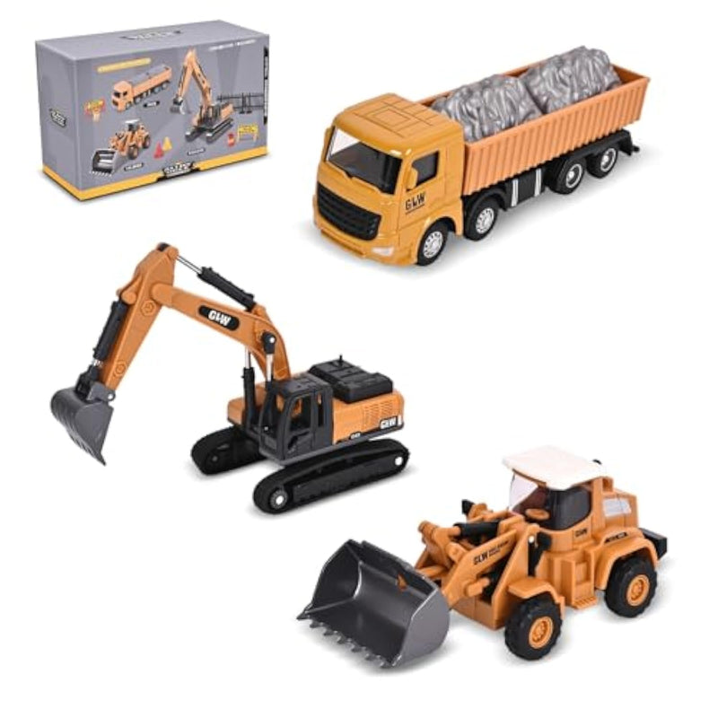 Alloy Mini Construction Vehicles, 3Pcs Die-Cast Metal Toy Set With Pull Back Action - Excavator, Dump Truck, Bulldozer For Toddlers & Kids 3 4 5 6 7 Years Old Boys Toys