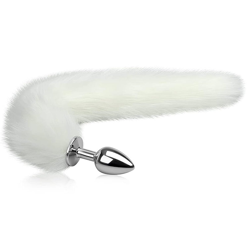 Anal Plug Trainer With Imitation Fluffy Fox Tail, Alloy Anus Stopper Furry Long Fox Tail Butt Plug Anal Plug Animal Tail Role Play Sex Toys Flirting Tools For Men Women Couples White (M)