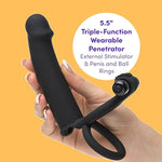 Double Fun Vibrating Double Penetration Strap On Dildo - 5.5 Inch Silicone Strap On Dildo For Men - 2 Bullet Vibrators & Cock And Ball Rings - Waterproof - Black