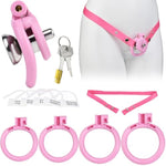 Male Pink Flat Inverted Negative Chastity Cage Sex Toy With 4 Rings And Pink Belt Set, Sissy Cock Cage Small Chastity Device Penis Locked Bondage Sm Adult Sex Toys For Gay Men Advanced Player