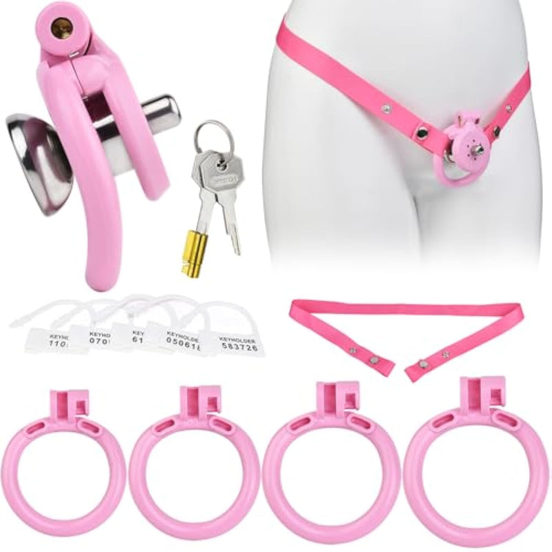 Male Pink Flat Inverted Negative Chastity Cage Sex Toy With 4 Rings And Pink Belt Set, Sissy Cock Cage Small Chastity Device Penis Locked Bondage Sm Adult Sex Toys For Gay Men Advanced Player
