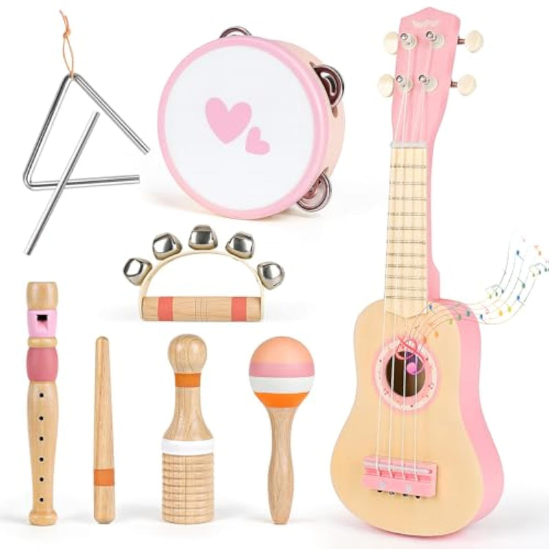 Kids Guitar Set For Girls - Toys For 2 3 4 Year Old Girl Birthday Gifts - 7 In 1 Wooden Montessori Musical Instruments With Ukulele/Tambourine/Maracas/Flute For Toddler 2-5(Pink)