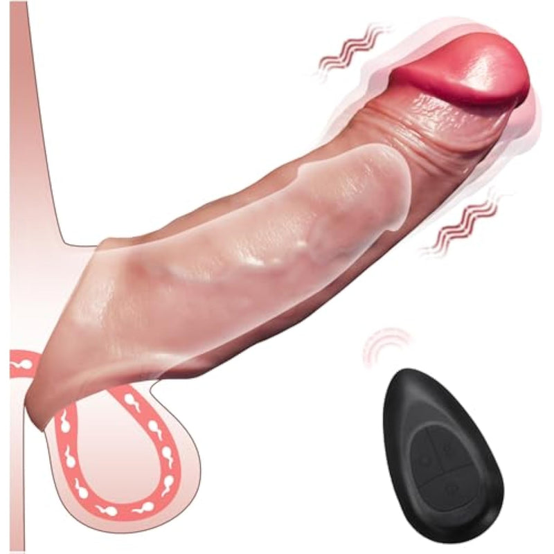 Ultra Soft Silicone Penis Sleeve Extender Bundle - Realistic Lifelike Vibrating Dildo, And Cock Ring Enlarger Set With Remote Control - 9 Modes, Reusable, For Men And Couples