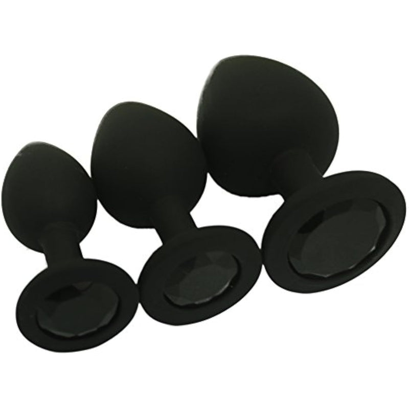 Elite 3Pcs Silicone Jeweled Anal Butt Plugs Anal Trainer Set, Silicon With Gem All Black