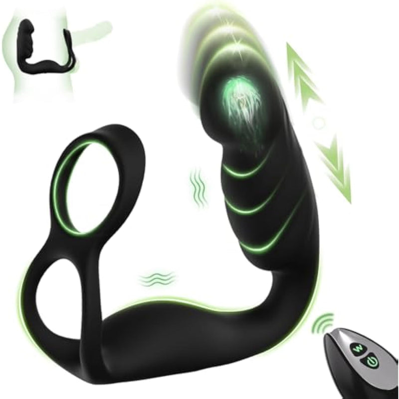 Thrusting Prostate Massager Anal Vibrator Butt Plug Penis Ring Adult Sex Toys For Men, 7 Pulse Modes Remote Control Anal Dildo Toys 2 Cock Rings With 12 Vibration Modes P Spot Massager For Couple Play