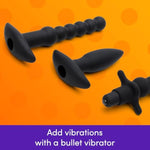 Bumper Booty Anal Toys Kit - 2 Butt Plugs, Anal Beads, Prostate Massager & Douche - Removable Bullet Vibrator Included - Silicone 6 Piece Adult Sex Toy Kit For Couples - Black