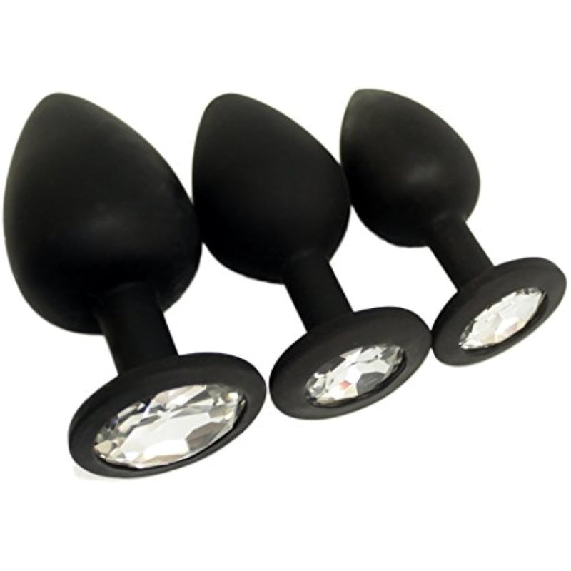 Elite 3Pcs Silicone Jeweled Anal Butt Plugs Anal Trainer Set, Black Sil With Clear Gem