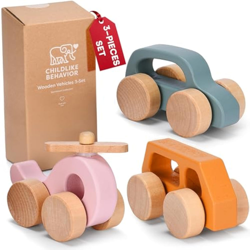 Wooden Cars For Toddlers 1-3 - Wood Push Truck Vehicle - Montessori Car Toys - Wooden Rattle Teething Toys - Colorful Wood Cars For Kids, Boys, & Girls (Set Of 3)