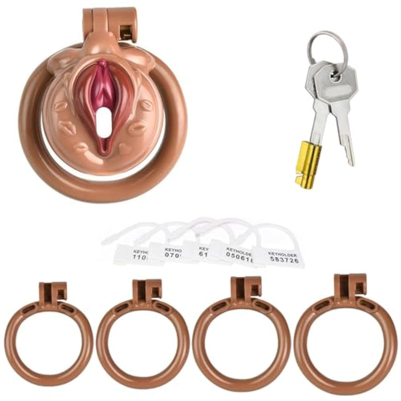 Chastity Cage Fake Women Vagina Penis Cage Chastity Cock Cage Sissy Chastity Device Lock With 4 Rings Sm Male Bondage Sex Toys (Skin Color)