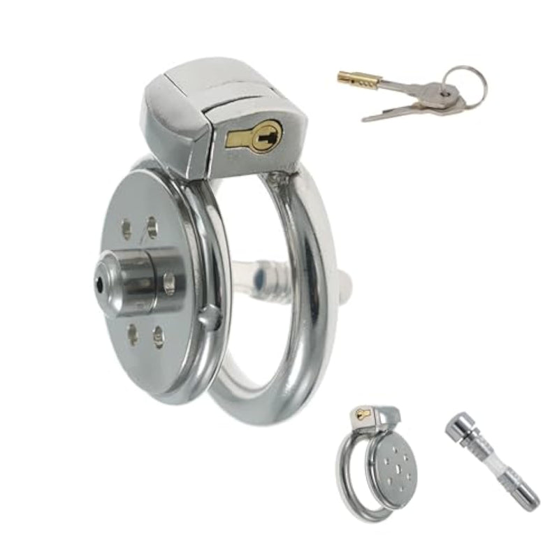 Stainless Steel Flat Chastity Cage With Short Silicone Spreader, Hidden Lock Design, Breathable Cock Cage Adult Sex Toys For Men, Good Concealment, Penis Sm Bondage Devices (40Mm)