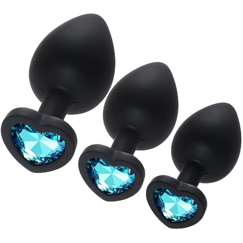 3 Pcs 3 Sizes Silicone Anal Plugs, Jeweled Butt Plug, Anal Trainer Toys, Heart Butt Plugs, Light Blue