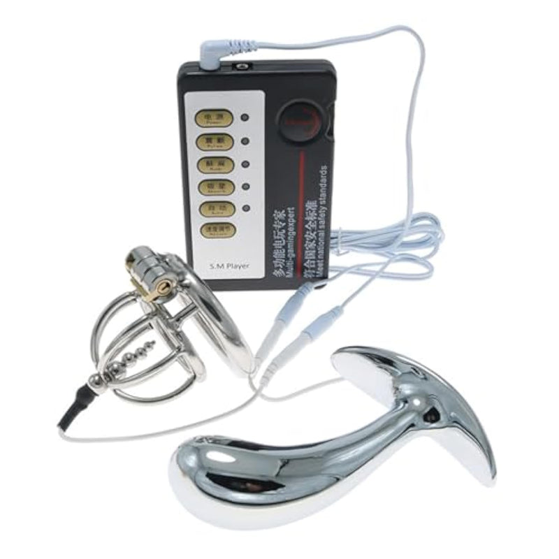 Electric Shock Chastity Lock With Bead Chastity Cage Metal Anal Plug Combination Electric Shock Set Sex Toy(C,L)