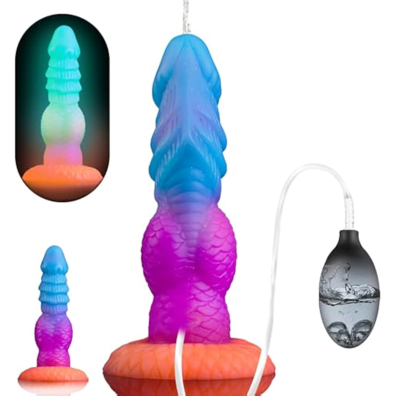 8" Fantasy Squirting Dildo Ribbed Monster Ejaculating Toy With Big Knot, Thick Ejaculating Dragon Dildo With Suction Cup For Anal Play, Adult Sex Toys For Women Men Glow In The Dark