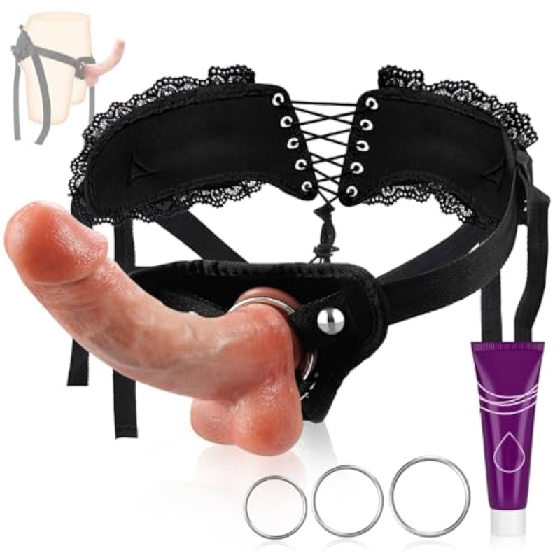 Strap On Dildo Harness Adult Sex Toys, Adjustable Lace Strapon Harness With 3 O-Rings,Equipped 8.46 Inch Realistic Dildo For Women,Lesbians And Couples-Xl Size