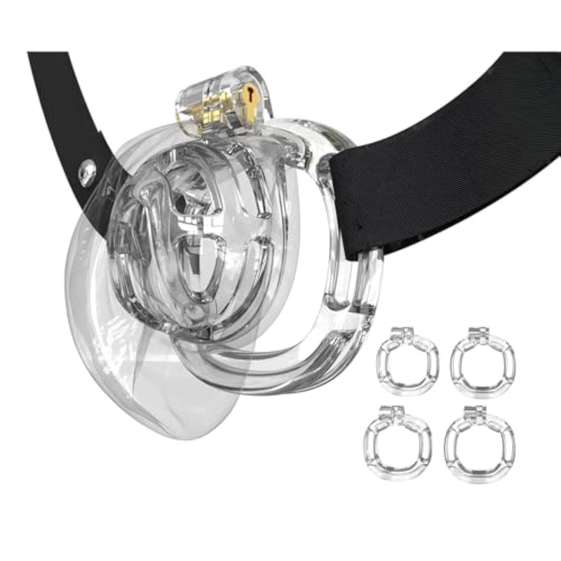 Male Chastity Cage With 4 Different Size Rings And Belt Cock Cage With Hidden Lock For Men'S Penis Bondage Sex Toys Chastity Device Made Of Durable Soft Tpe And Resin Material (Transparent)