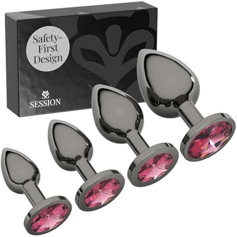 Jewel Butt Plug Beginner 4 Piece Set - Extra Small, Small, Medium, Large - Wide Base Prevents Slippage - Metal Anal Sex Adult Toy For Men & Women - Gunmetal Silver & Pink - Circle Shaped Charm