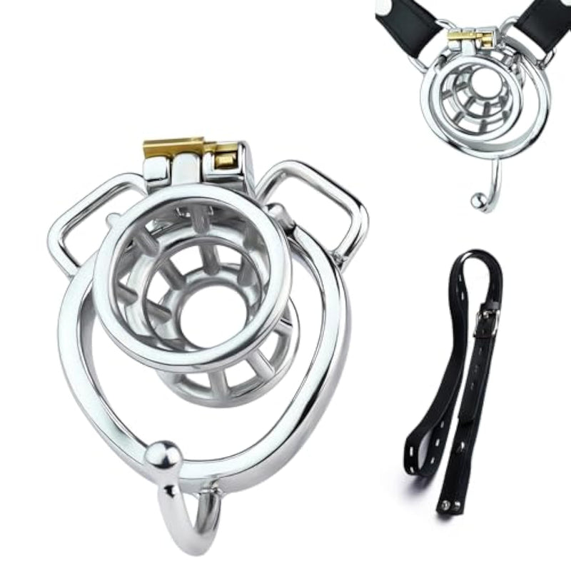 Chastity Cage Lock Set With Penis Ring And Leather Belt Small Steel Cock Cage Devices Hollow Adult Bdsm Bondage Sex Toys (Curved+Belt-55Mm)
