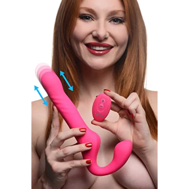 10X Thrusting & Vibrating Silicone Strapless Strap-On With Remote, 10 Shaft & Bulb Vibrating Modes + 3 Thrusting Speeds - Pink