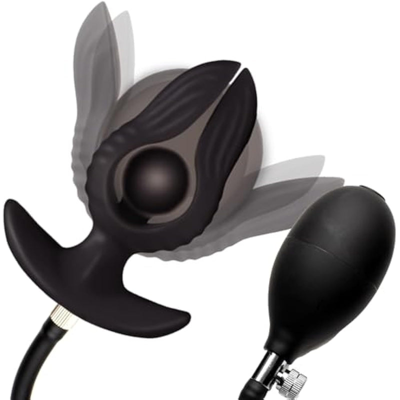 Dark Pearl Inflatable Vibrating Butt Plug For Beginners, Men, Women, & Couples. Dual Motors And Premium Silicone. Slow Release Valve And Removable Hose. 2 Pieces, Black.
