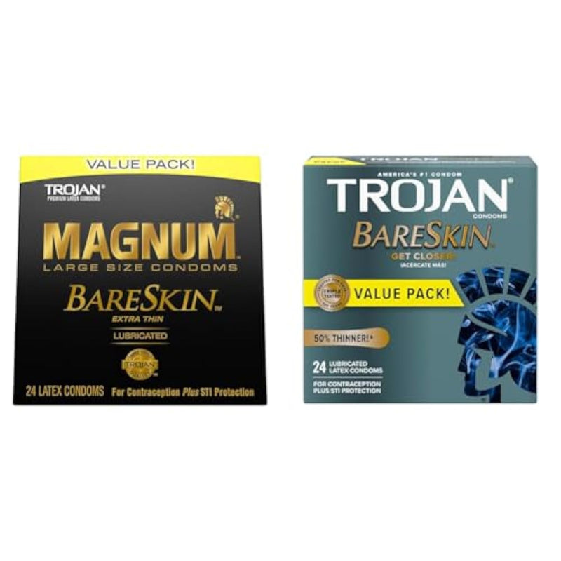 TROJAN Magnum BareSkin Premium Large Condoms, Comfortable and Smooth Lubricated Condoms for Men, America’s Number One Condom, 24 Count Value Pack & Bareskin Thin Premium Lubricated Condoms - 24 Count