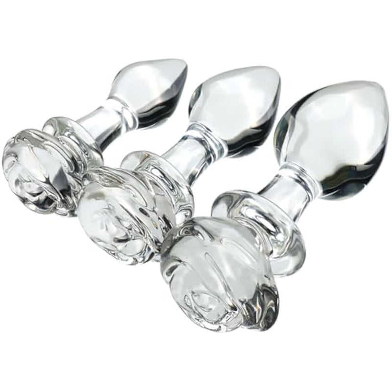 3Pcs Clear Rose Glass Anal Plug, Small Medium And Big Clear Glass Butt Plug Training Set Anal Plug Trainer Kit Sex Slave Anus Dilator Prostate Massage Anal Sex Toy For Women Men Couple