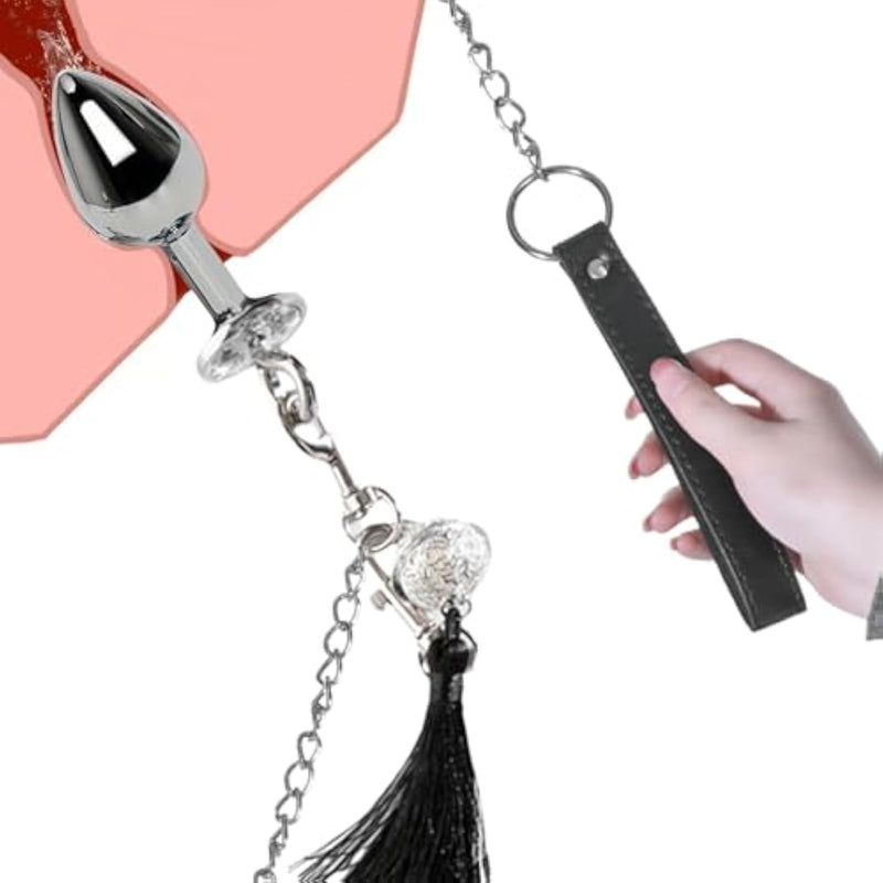 Metal Anal Plug With Skeletonized Metal Bell, Leather Collar And Drag Chain Butt Plug Sexual Toy Plug Adult Anal Trainer Sex Toy For Women