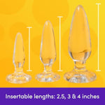 Anal Training Kit - 3 Piece Crystal Clear Butt Plug Set - Progressive Size Small To Large Suction Cup Anal Plugs - 2.5-4 Inch Adult Sex Toys For Men, Women & Couples