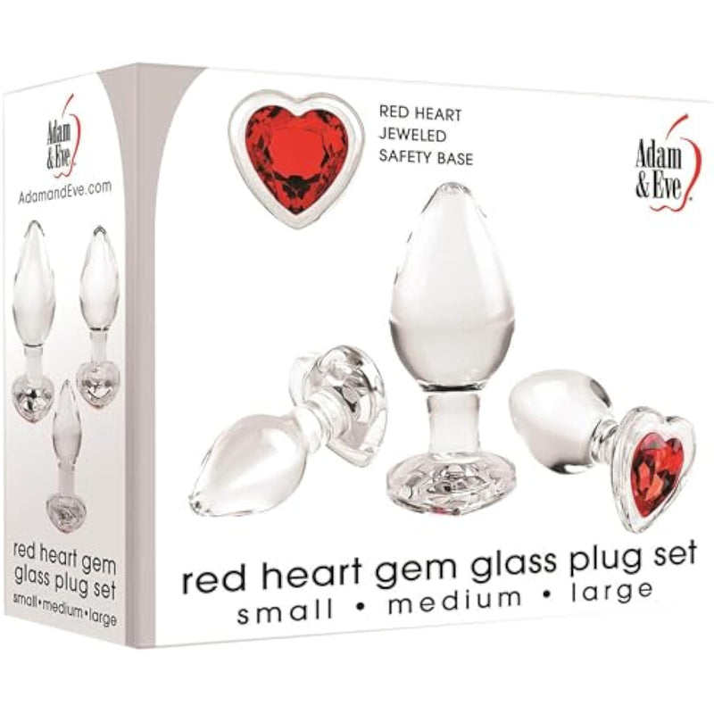 Red Heart Gem Glass Plug Set, 3 Piece Anal Training Kit With Small Medium And Large Plugs, Tapered Tip For Easy Entry, Non Porous Glass For Temperature Play, Waterproof, Safe With Any Lubes