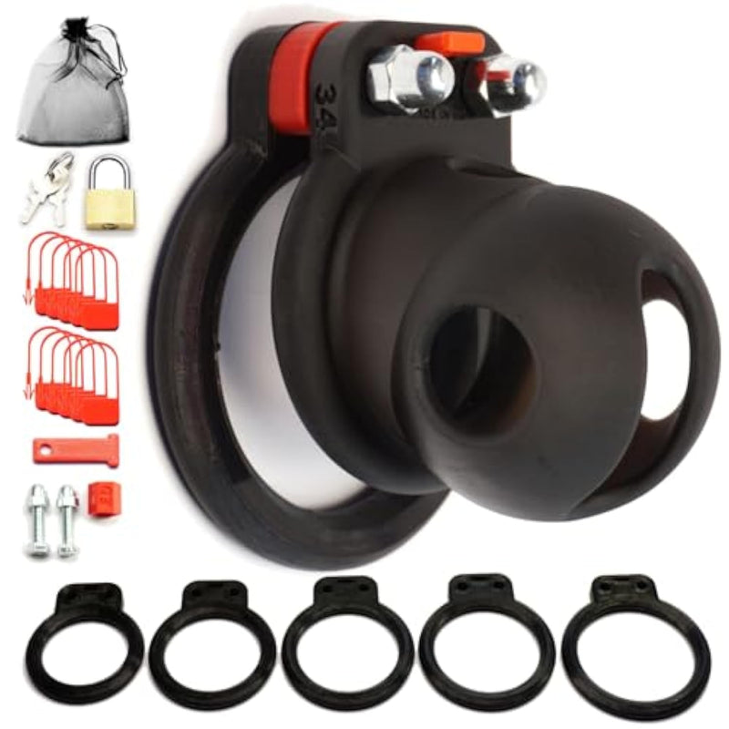 French Adjustable Chastity Belt Men Cock Cage Python-60 By , 5 Rings, Black