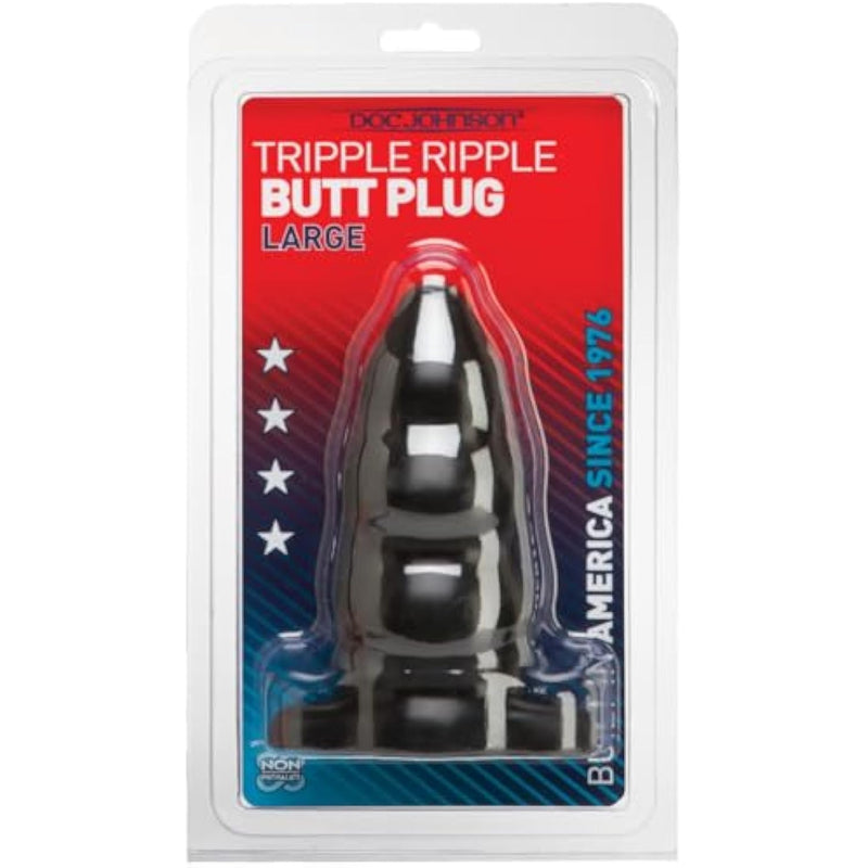 Doc Johnson Triple Ripple Butt Plug - Large - 5.6 in. Long and 2.3 in. Wide - Gradually Widens - Sturdy Flared Base - Anal Toy - Black