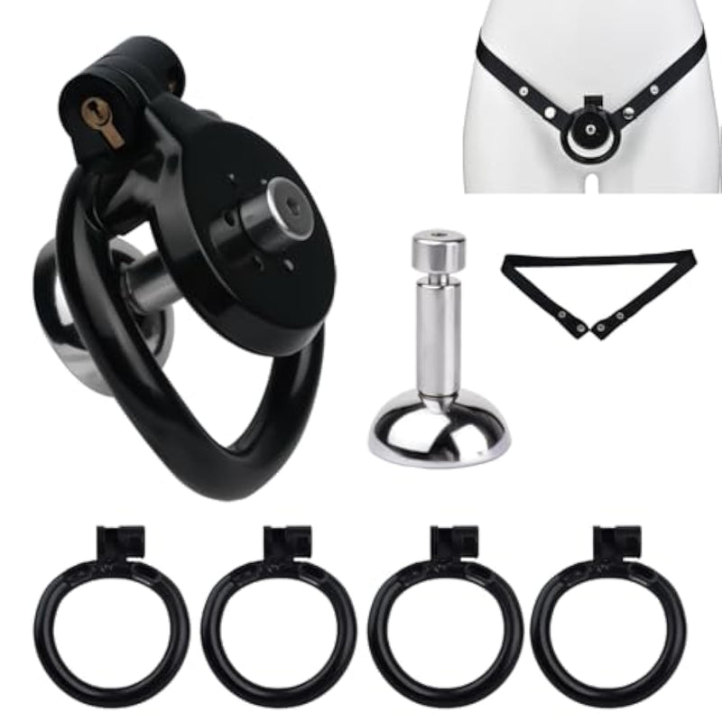 Chastity Cage Kit With 4 Rings 40-55Mm, Resin Cock Cage With Vent Holes And Detachable Urinal Support Bracket Male Chastity Devices (Black+Belt)