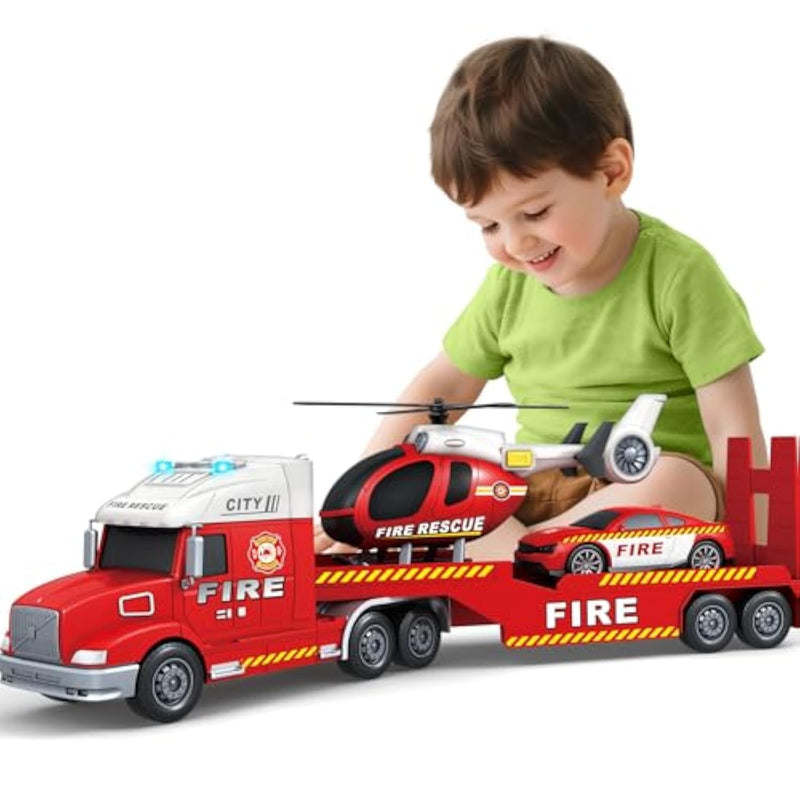 Kids Toys For 3 4 5 6 7 8 Years Old Boys, 27" Fire Truck Toy With Racing Car And Helicopter, Toddler Friction Powered Truck Vehicle Toy With Lights, Sounds For Boys Girls Christmas Birthday Gifts