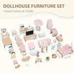 Wooden Dollhouse Furniture Set, Dollhouse Accessories And Furniture, With 7 Rooms 3 Dolls, Includes Patio Set & Dog Set, Doll House Furniture Toys Gift For Kids Boys Girls