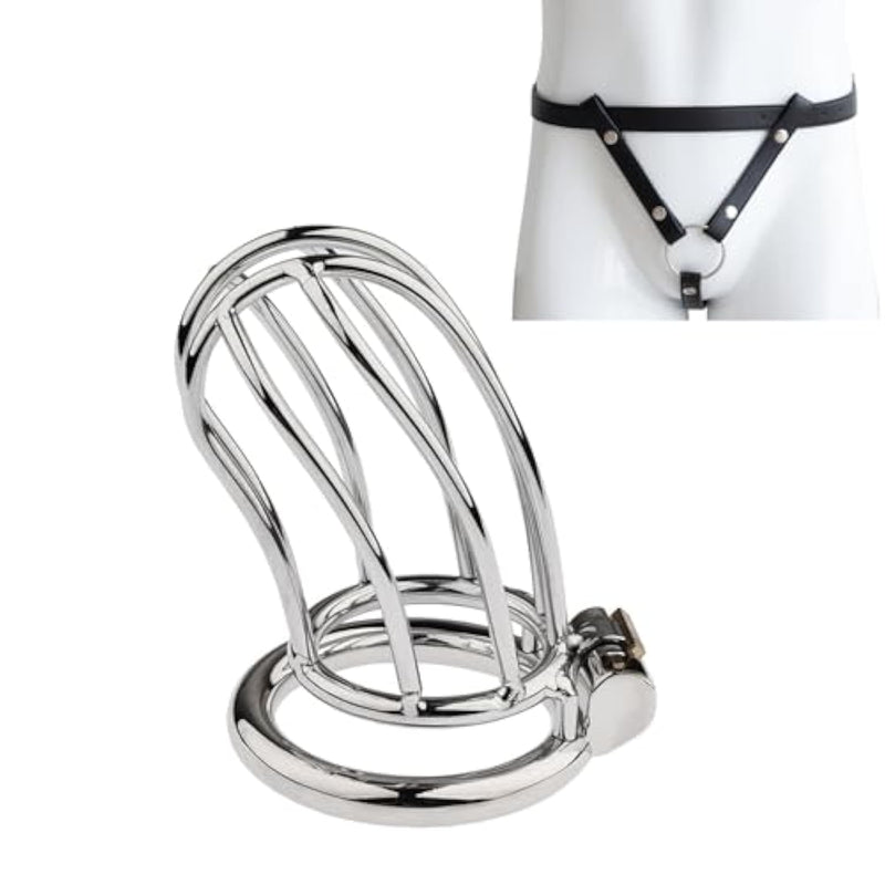 Metal Chastity Cage With Leather Bondage Straps, Hollow Penis Cage Sex Toys With Invisible Lock, Chastity Device & Cock Ring For Men Sm Slave Bondage (50Mm)