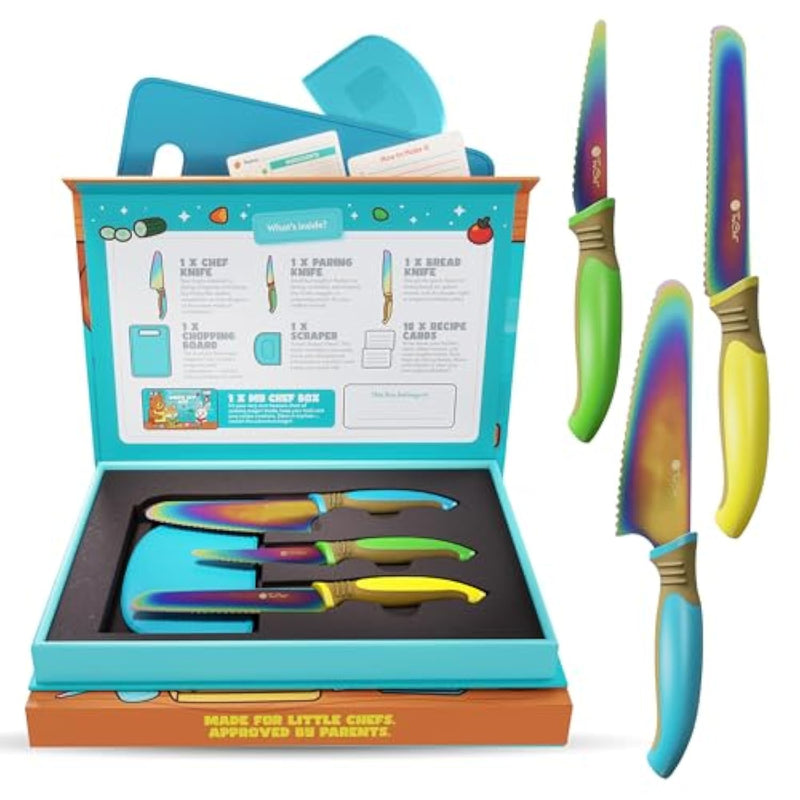 Kids Knife Set For Real Cooking | Skin Safe Chef Set For Ages 3+ With Rainbow Blades, Cutting Board, Scraper, Recipe Cards | Jr Chef Cooking Gift For Teens & Kids (16 Pcs)