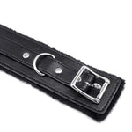 Fur-Lined Black Leather Bondage Collar and Leash Set for BDSM Games
