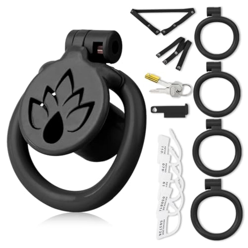 Inverted Chastity Cage Sissy Cock Cage For Men'S Penis Exercise Flat Chastity Cage With 4 Different Size Rings And 2 Keys Sex Toys Penis Cage Used To Restrain A Man'S Penis (Black+Belt)