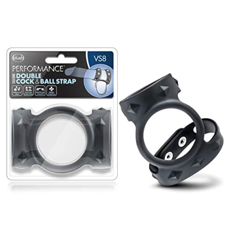 Blush Performance Vs8 Double Cock & Ball Strap (9" & 8" Straps, 2.5" Ring) - Puria Silicone + Stainless Steel - Adjustable 3-Snap Penis Ring For Stamina & Erection - Adult Sex Toy For Men - (Black)