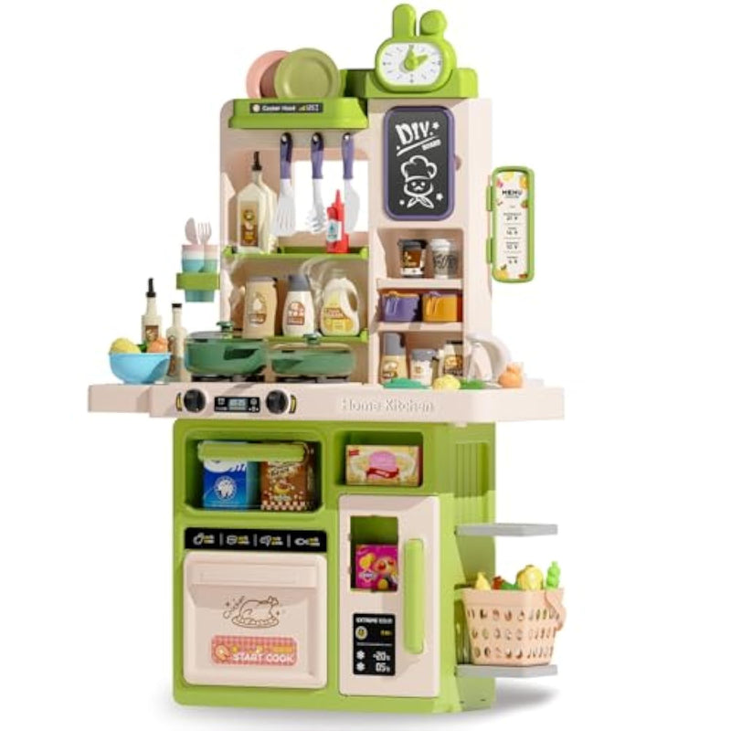 Kids Kitchen Playset Set, 63Pcs Pretend Play Kitchen Toys For Toddlers, Cooking Stove With Steam Sound Light, Play Sink With Manual Faucet, Play Food Accessories Gift For Boys, 33’’H Green