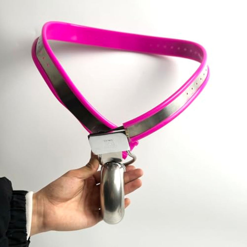 Male Chastity Belt With Penis Cage Y-Shape Stainless Steel Adjustable Bdsm Slave Anti-Cheating Sissy Bondage Device (Pink 60-90Cm)