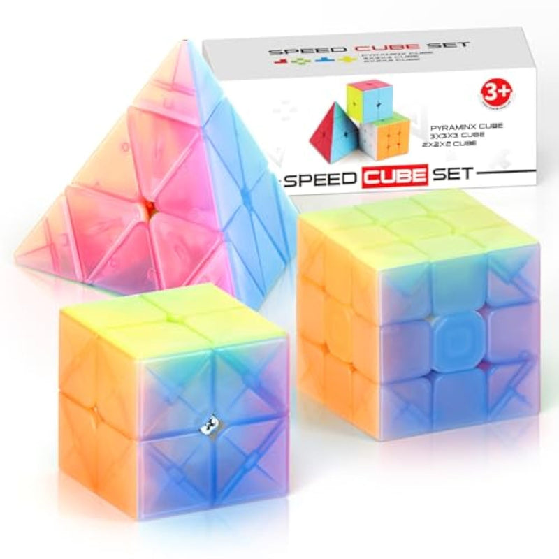 Speed Cube Set, 2X2X2 3X3X3 Pyramid Magic Cube Set, Puzzle Cube Toys Birthday Party Christmas Stocking Stuffers Gift For Kids Teens Adults(Jelly Stickerless)