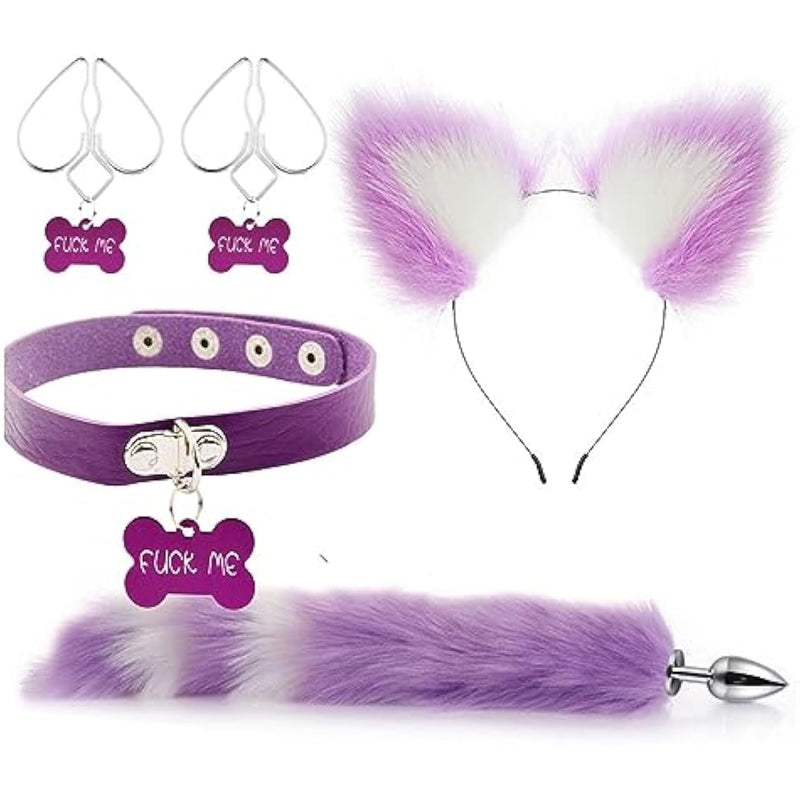 Fox Anal Plug Tail Set Animal Costume Set Butt Plug Tail Anales Plug Toys Nipple Clips Cat Ears Necklace For Women Man Beginners Adult Couples Sex Pleasure Purple Butt Plug 4Pcs