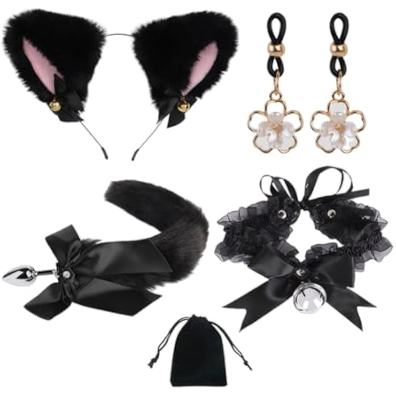 5Pcs Cat Tail Butt Plug Furry Ears Headband Fox Animal Costume Set Lace Choker Sex Adjustable Nipple Clamp Bell Animal Sexual Anus Role Play
