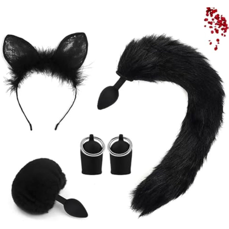 Cat Tail Anal Plug Cosplay Set, Fox Tail Butt Plug Sexy Cat Ear Hairpin Breast Pump Anal Stopper Tail Sex Toy For Adult Couples (Black)