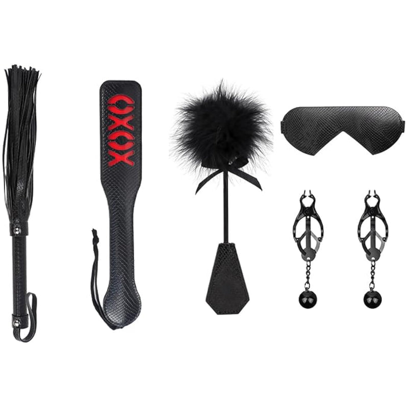 5Pcs Restraints Kit With Feather Tickler & Paddle & Flogger & Blindfold & Nipple Clamps For Adult Women Men Games Play (Black)